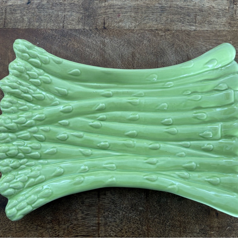 Vintage small majolica Crate&Barrel Green Asparagus Platter tray 11” by 8”